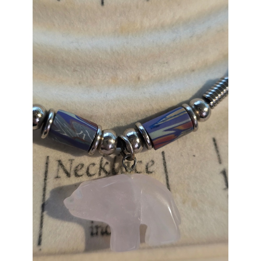 Rose Quartz Zuni Style Bear Fetish Necklace 18" Pink Stone Southwestern Jewelry - Picture 2 of 8